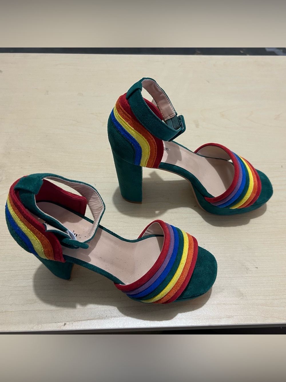 Unique Vintage rainbow Suede Rainbow Strap platform Heels